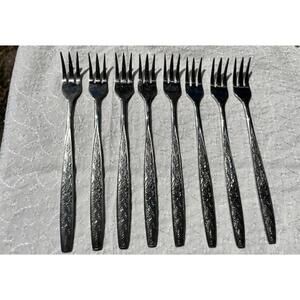 Set of 8 Stanley Roberts Glossy Etched Rose Floral Silver Forks Made in Japan